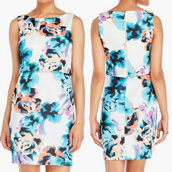 Ivanka Trump Floral Print Sleeveless Stretchy Summer Scuba Dress Sz 14 - Picture 1 of 8